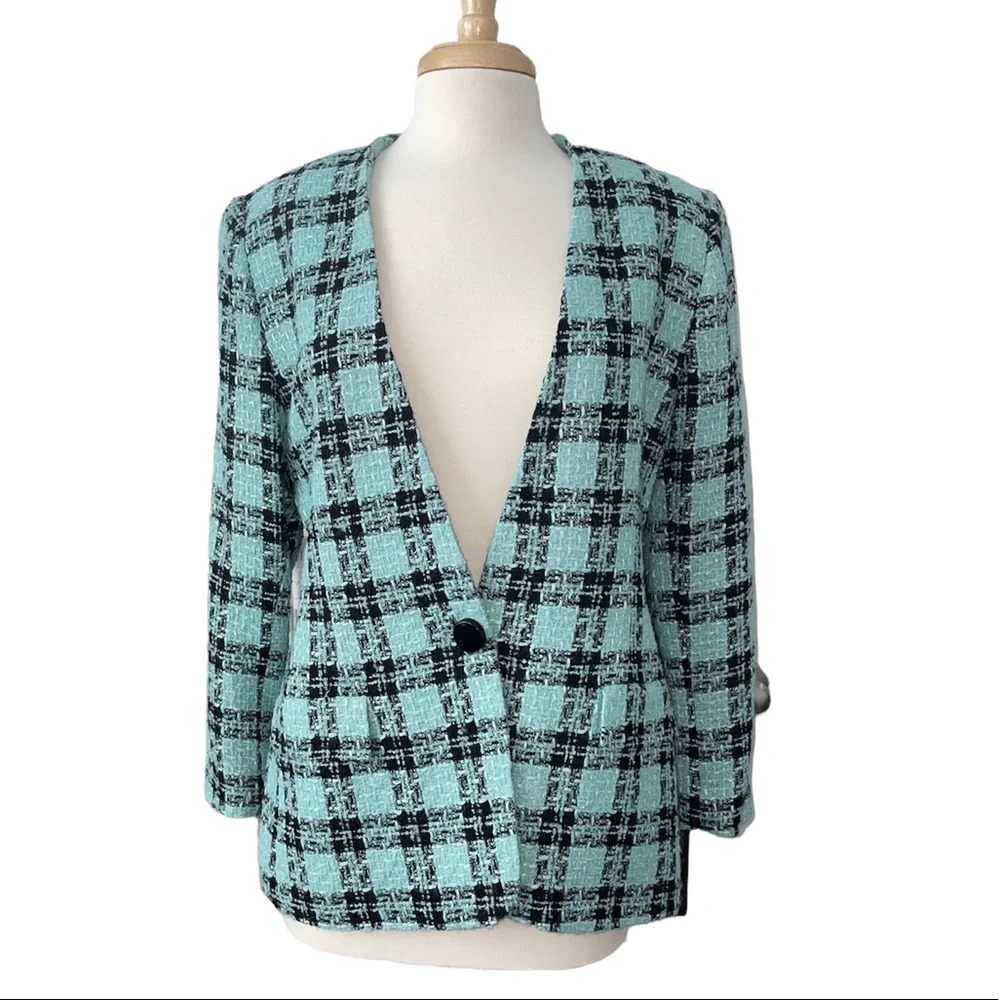 Vintage 80s Lesley Fay Wool Blue Black Tweed Blazer - Picture 8 of 8